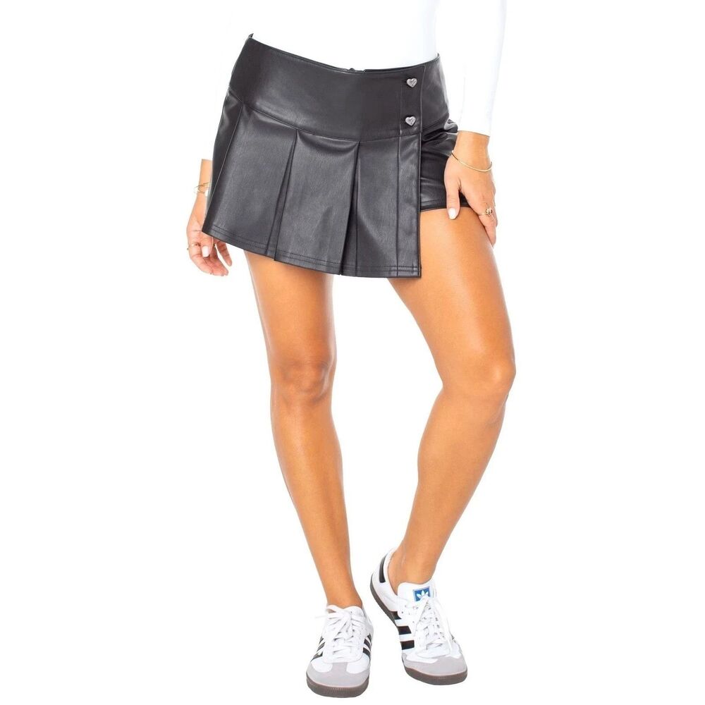 T9  Celebrity Pink Black Faux Leather Pleated Skort Women's Heart Buttons  XL